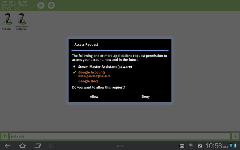 screenshot of the app asking permission to access Google Docs